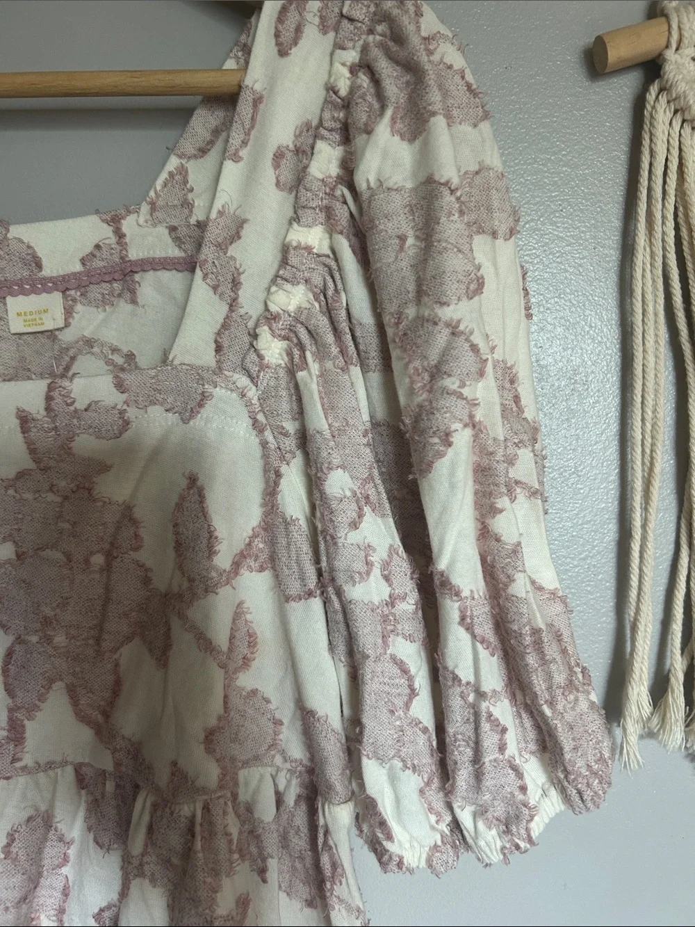 Anthropologie Cream Top with Dusty Rose Floral Jacquard